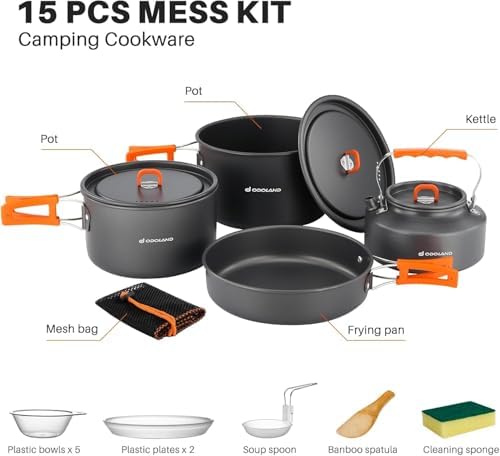 Odoland Camping Cookware Set Non-Stick Lightweight Camping Kettle Pots and Pans Mess Kit with Bowls Soup Spoon for Backpacking, Outdoor Cooking and Picnic for 4-6 People - Image 3