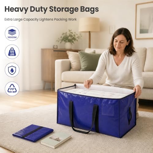Hode Heavy Duty Moving Bags Extra Large Strong Plastic Storage Bags Zips | Duvet Clothes Bedding Waterproof Storage Packing Bag Boxes Moving House Essentials Extra Large Moving Boxes 90l 6 Pack Blue - Image 2