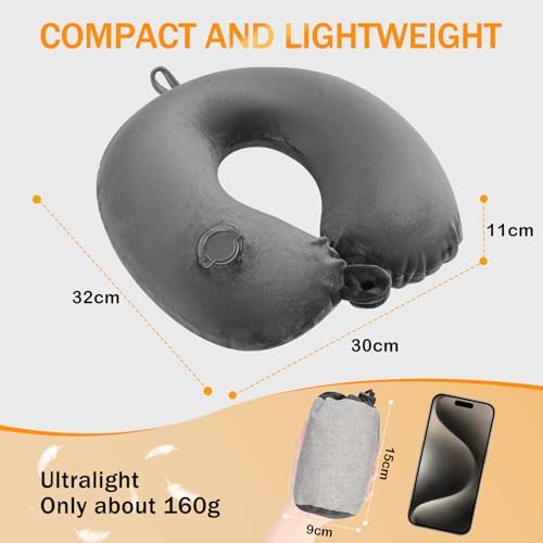Inflatable Neck Pillow for Travel, Blow up Travel Pillow, Compact Travel Neck Pillows for Adults with Eye Mask and Earplugs, Lightweight Travel Pillow for Airplane, Trains and Office, Grey - Image 7