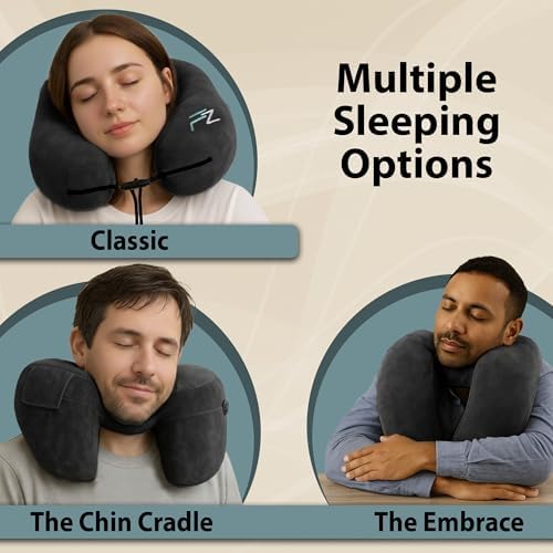 FLOWZOOM AIR Travel Neck Pillow for Airplane Inflatable Hooded Black Size L | H-Shape Support, 5 Sleep Positions, Adjustable Firmness, Washable Cover, Earplugs, Compact and Light 260g, For Plane Car Bus - Image 4