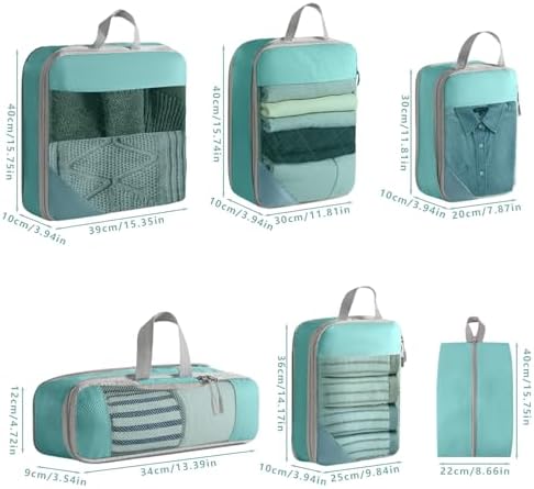 6PCS Compression Packing Cubes for Suitcases and Backpack with Shoe Bags Travel Organiser Essentials Bag for Luggage Storage (Lake Blue) - Image 2