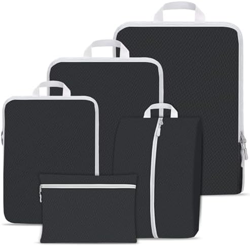 Compression Packing Cubes for Suitcases,Suitcase Organiser Bags,Travel Packing Cubes Compression Set for Backpack,Packing Organisers,Waterproof Travel Organiser Packing Bags (Black, 5 Pack)