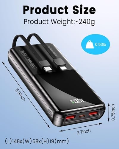 Power Bank Fast Charging 20000mAh 22.5W Portable Charger with Built-in Cables USB-C PD3.0 QC4.0 Powerbank Battery Pack with LCD Display for iPhone 17 16 15 14 13 Android and more - Image 5