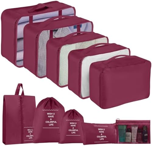 Packing Cubes for Suitcases, 10 pcs Packing Cubes Luggage Organiser Bags Travel Essentials Bags for Clothes Shoes Toiletries Travel Luggage Organizers Storage Bags-Burgundy