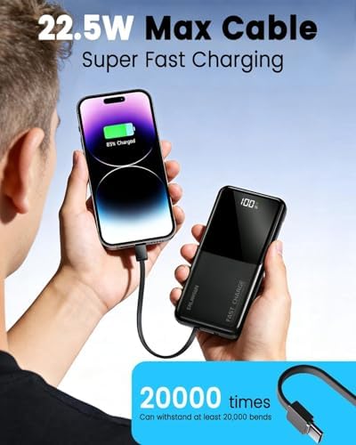 Power Bank Fast Charging 20000mAh 22.5W Portable Charger with Built-in Cables USB-C PD3.0 QC4.0 Powerbank Battery Pack with LCD Display for iPhone 17 16 15 14 13 Android and more - Image 4