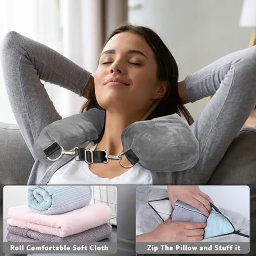 Stuffable Neck Pillow for Travel, Travel Pillow Stuffable with Clothes, Travel Neck Pillows With Adjustable Straps for Essentials Extra Luggage(Grey) - Image 4