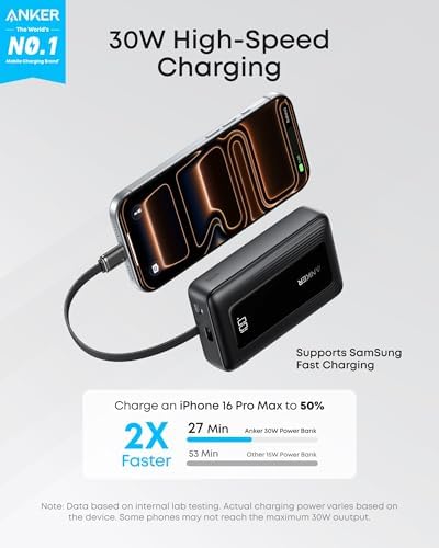 Anker Zolo Power Bank, 10,000mAh 30W High-Speed Portable Charger with Built-In USB-C Cable, Fast Charging Battery Pack for iPhone 17/17 Air/17 Pro/17 Pro Max/16/15 Series, Galaxy, iPad, and More - Image 2