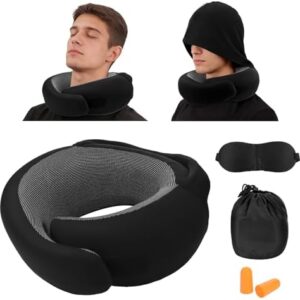 Travel Pillow with Hood for Airplane, Ergonomic Turtle Travel Pillow for Neck Support, Soft Memory Foam Hooded Neck Cushion for Long Haul Flights, Car Driving, Office Napping (Black)