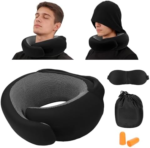 Travel Pillow with Hood for Airplane, Ergonomic Turtle Travel Pillow for Neck Support, Soft Memory Foam Hooded Neck Cushion for Long Haul Flights, Car Driving, Office Napping (Black)