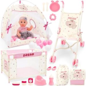 deAO Baby Doll Stroller Playset for Kids Baby Doll Accessories with 14" Doll, Cot and Pram, Play Tent, Feeding Set, Storage Travel Bag and Balls, Pretend Play Nursery Set for Girls Toddlers