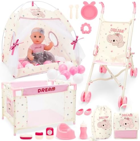 deAO Baby Doll Stroller Playset for Kids Baby Doll Accessories with 14" Doll, Cot and Pram, Play Tent, Feeding Set, Storage Travel Bag and Balls, Pretend Play Nursery Set for Girls Toddlers
