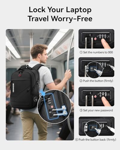CROSSGEAR 30L Anti-Theft Lockable Laptop Backpack, 17.3 Inch Waterproof Travel Laptop Bag with Dual USB Charging Port, Ergonomic Rucksack for Work Travel School Business Men Women Ideal Gift, Black - Image 2