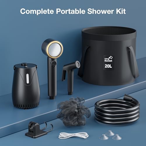 Portable Camping Shower with 20L Collapsible Bucket – 8000mAh Rechargeable Camp Shower Pump IPX8 Waterproof with 5 Gear LED Light, 4 Spray Modes, Outdoor Shower Kit for Hiking, RV, Travel, Car, Pet - Image 2