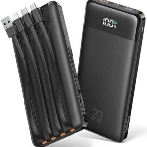 Orfeika 20000mAh Power Bank with 4 Built-in Cables, 20W Fast Charging Portable Charger, LED Display Battery Pack, Quick Charge for iPhone, Galaxy, iPad, Android & More