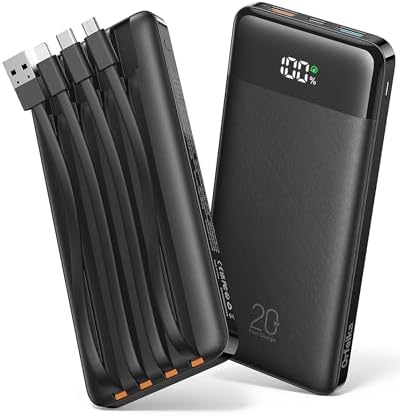Orfeika 20000mAh Power Bank with 4 Built-in Cables, 20W Fast Charging Portable Charger, LED Display Battery Pack, Quick Charge for iPhone, Galaxy, iPad, Android & More
