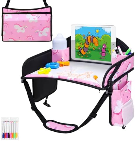Kids Travel Tray, Travel Tray for Kids Car Seat, Toddler Car Seat Lap Tray, Carseat Tray for Kids Travel, Carseat Table Tray for Kids Travel Activities (Pink)