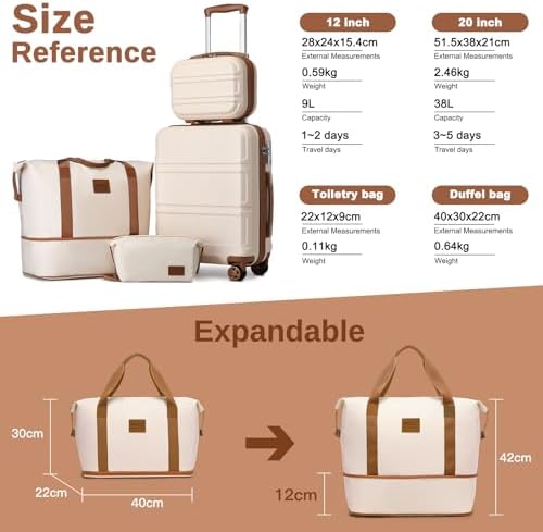 Kono 4-Piece Luggage Set, Lightweight ABS+PC Hardshell 12" and 20" Carry-On Cabin Suitcases with TSA Lock, Includes Duffle Bag and Toiletry Bag (Beige/Brown) - Image 2