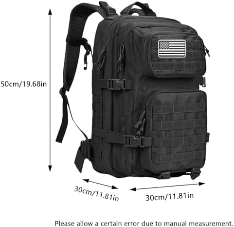 45L Military Tactical Backpacks Large Molle Army Assault Pack 3 Day Bug Out Bag Laptop Bag for Hiking Treeking Black Hunting Rucksack with 4 Flag Patches (Black) - Image 2