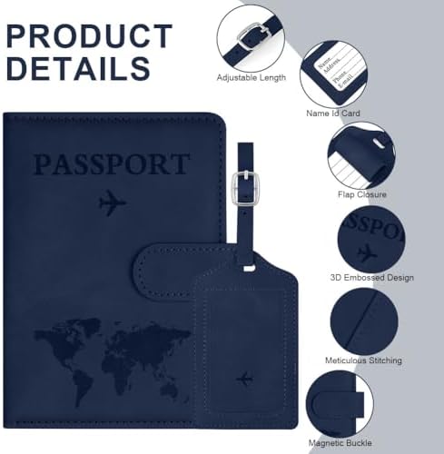OFFCUP Passport Holder Cover, PU Leather Passport Cover and Luggage Tag Set with RFID Blocking Travel Wallet, Universal Travel Wallet Case Organiser for Money, Boarding Passes, Credit Cards Dark Blue - Image 3