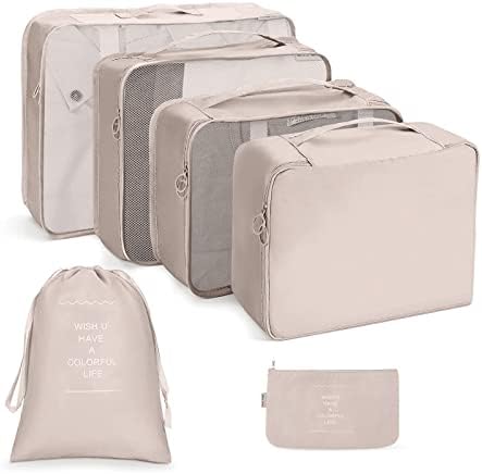 OSDUE Packing Cubes for Suitcases, 6 PCS Travel Luggage Packing Organizers Waterproof Travel Essentials Bag Accessories, Clothes Cosmetics Toiletries Storage Bags, Beige