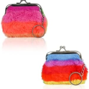 AfitLulu 2 Pack Plush Coin Purse 3 Inch Coin Pouch with Keychain Hanging to Handbags Backpacks for Women and Girls, Kiss Lock Small Coin Purse Portable Coin Wallet for Coin, Key, Jewelry (Style 1)