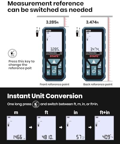 Laser Measure, DTAPE Digital Laser Distance Meter, Upgraded High-Accuracy Laser Measuring Tool, Electronic Tape Measure, 2" Backlit LCD Display, Area/Volume/Indirect Measurement, in/Ft/Ft+in/M - Image 7