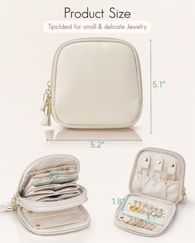 VLANDO Travel Jewellery Box,2-Tier Jewellery Case for Rings, Earring & Necklaces,Travel Essential for Women,Cream White - Image 7
