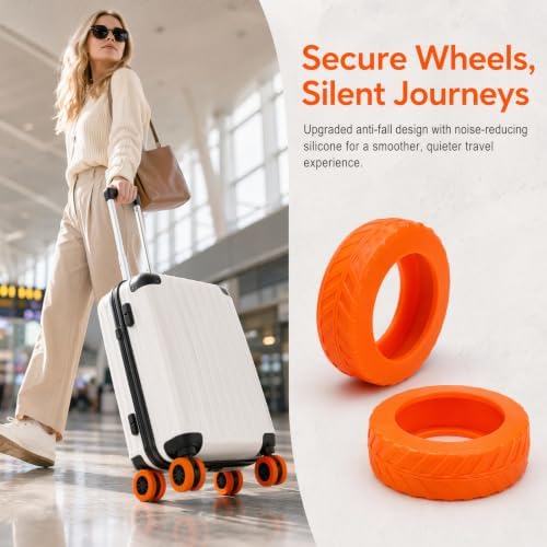 Kemay Upgraded Silicone Suitcase Wheel Protectors 8-Pack Anti-Noise Luggage Wheel Covers for 2-2.4 Inch Spinner Wheels Wear-Resistant Travel Accessories Small Suitcase Covers Protectors Orange - Image 6