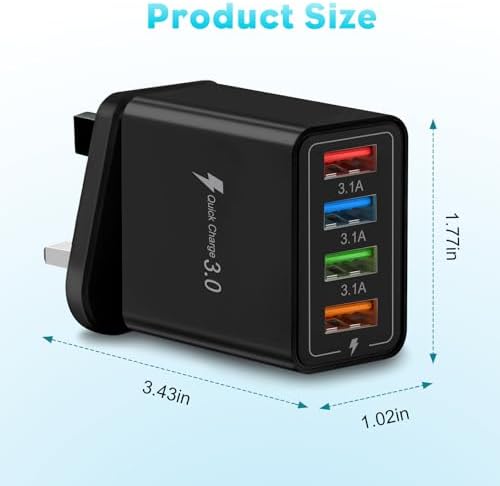Multi USB Plug Charger UK, 4-Port USB Wall Charger Plug, Charging Power Adapter with Smart Device-Adaptive Charging Technology for All Smartphone (Black) - Image 6