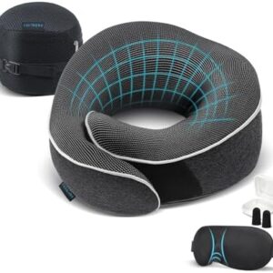 Proglobe Travel Pillow, Memory Foam Neck Pillow Set, Orthopedic Pillow, Travel Essentials for Flying, Kit with 3D Contoured Sleep Mask, Earplugs and Luxury Mesh Bag (Dark Grey)