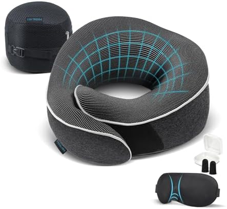Proglobe Travel Pillow, Memory Foam Neck Pillow Set, Orthopedic Pillow, Travel Essentials for Flying, Kit with 3D Contoured Sleep Mask, Earplugs and Luxury Mesh Bag (Dark Grey)