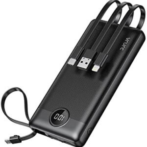 VRURC Power Bank 10000mAh with Built in Cables,Travel Battery Pack Portable Charger with 5 Outputs 2 Inputs Powerbank USB C LED Display Compatible with iPhone 17 Pro Max 17 16 15 14 13