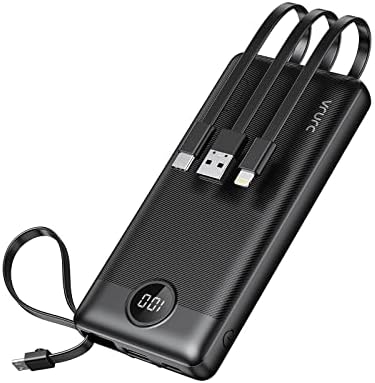 VRURC Power Bank 10000mAh with Built in Cables,Travel Battery Pack Portable Charger with 5 Outputs 2 Inputs Powerbank USB C LED Display Compatible with iPhone 17 Pro Max 17 16 15 14 13