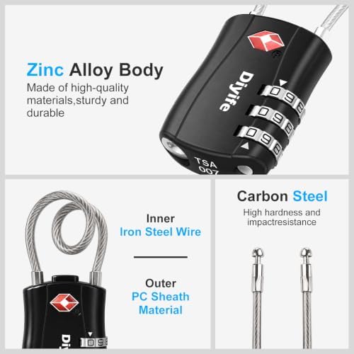 Diyife TSA Approved Luggage Locks with Flexible Steel Cable, Easy to Set up | 3-Digit Combination Suitcase Locks, Small Padlocks with Code for Travel, Bag, Backpack, Zinc Alloy Body (Black, 2 Pack) - Image 3