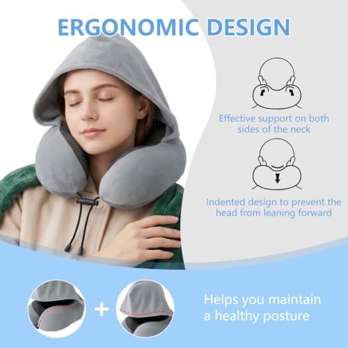 SULIVES Travel Pillow for Airplane, Memory Foam Neck Pillow with Hood, 360° Neck Support for Flights, Train and Car Travel, Soft Breathable Fabric, Compact Travel Set - Image 2