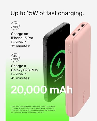 Belkin USB C Portable Charger 20000mAh, 20K Power Bank with USB Type C Input Output Port and 2 USB A Ports with Included USB C to A Cable for iPhone, Galaxy, Pixel, iPad, AirPods and More – Rose Gold | 20K Portable Charger, Charge Up to 3 Devices (1 x USB-C, 2 x USB-A Ports), 15W, LED Indicator, Made with Recycled Plastic - Image 4