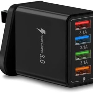 Multi USB Plug Charger UK, 4-Port USB Wall Charger Plug, Charging Power Adapter with Smart Device-Adaptive Charging Technology for All Smartphone (Black)