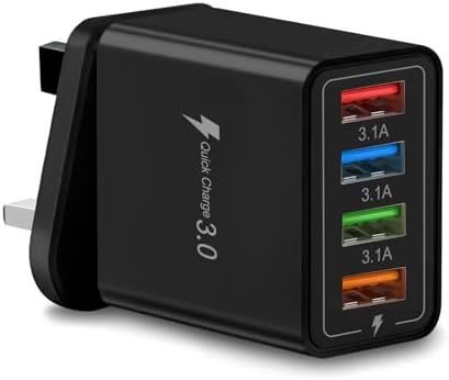 Multi USB Plug Charger UK, 4-Port USB Wall Charger Plug, Charging Power Adapter with Smart Device-Adaptive Charging Technology for All Smartphone (Black)