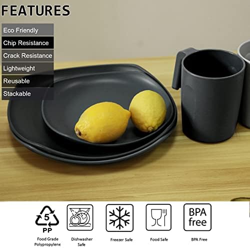 Greentainer Unbreakable Lightweight Dinnerware Sets, Plastic Dinner Set, 4 Dining Plates, 4 Bowls, 4 Cups, Microwave and Dishwasher Safe, Camping Tableware for Kids and Adults, Service for 4(Grey) - Image 3