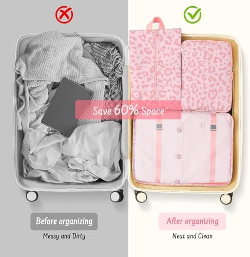MOFELON 8PCS Packing Cubes for Suitcase, Travel Luggage Organisers for Backpack, Waterproof Suitcase Organiser Bags, Travel Essentials Accessories - Pink leopard print - Image 7