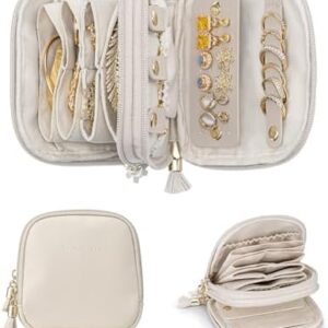 VLANDO Travel Jewellery Box,2-Tier Jewellery Case for Rings, Earring & Necklaces,Travel Essential for Women,Cream White