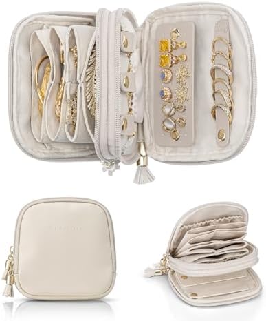 VLANDO Travel Jewellery Box,2-Tier Jewellery Case for Rings, Earring & Necklaces,Travel Essential for Women,Cream White