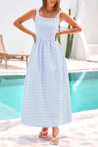 PRETTYGARDEN Women's 2025 Summer Spaghetti Strap Maxi Dresses Plaid Square Neck A Line Casual Beach Vacation Long Sundress - Image 8