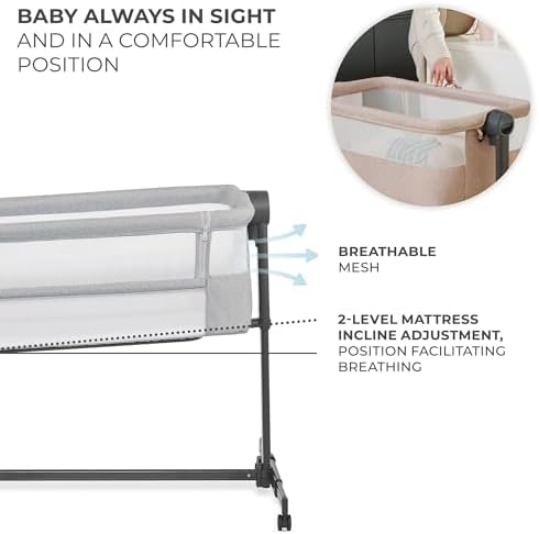Kinderkraft Neste UP 2 Bedside Crib, Travel Cot, Co-Sleeping Bed, Ajustable Height, Foldable Side Wall, Transport Wheels, with Accessories, Cotton Sheet, for Newborn, 0-9 kg, up to 6 Month, Gray - Image 5