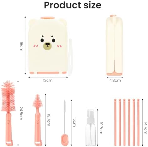 Vicloon 6 in 1 Baby Bottle Brush Set, Travel Bottle Cleaner Kit with Silicone Bottle/Nipple/Straw Brush, Soap Dispenser, and Drying Rack, Baby Travel Essentials (Pink) - Image 2