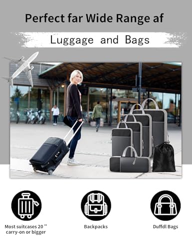Compression Packing Cubes for Carry on Suitcase, 6 Set Travel Luggage Packing Organizer Bag with Mesh, Extensible Luggage Suitcase, Multifunction Organisers, Black - Image 7