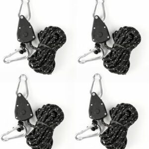 4-Pack Heavy Duty Metal Pulley Rope Adjuster Kit with 4mm Paracord & Hooks - Complete Tensioner System for Camping, Tent Guy Lines, Tarps, Hammocks and Outdoor Gear