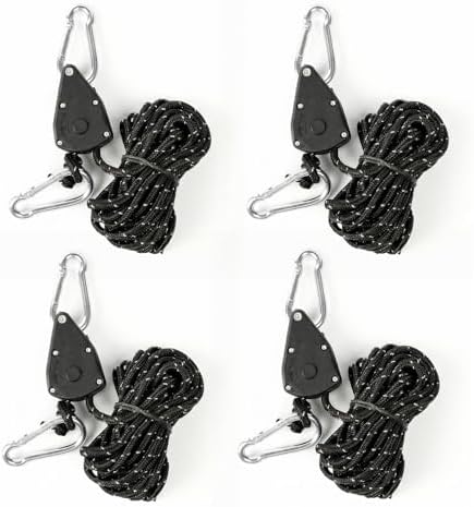 4-Pack Heavy Duty Metal Pulley Rope Adjuster Kit with 4mm Paracord & Hooks - Complete Tensioner System for Camping, Tent Guy Lines, Tarps, Hammocks and Outdoor Gear