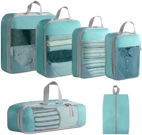 6PCS Compression Packing Cubes for Suitcases and Backpack with Shoe Bags Travel Organiser Essentials Bag for Luggage Storage (Lake Blue)