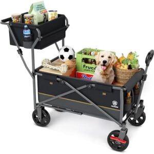 EVER ADVANCED Folding Push & Pull Trolley with Brake, Shopping Basket, Cup Holder, Side Pocket, Beach Trolley up to 100 kg for Camping, Beach, Shopping Black